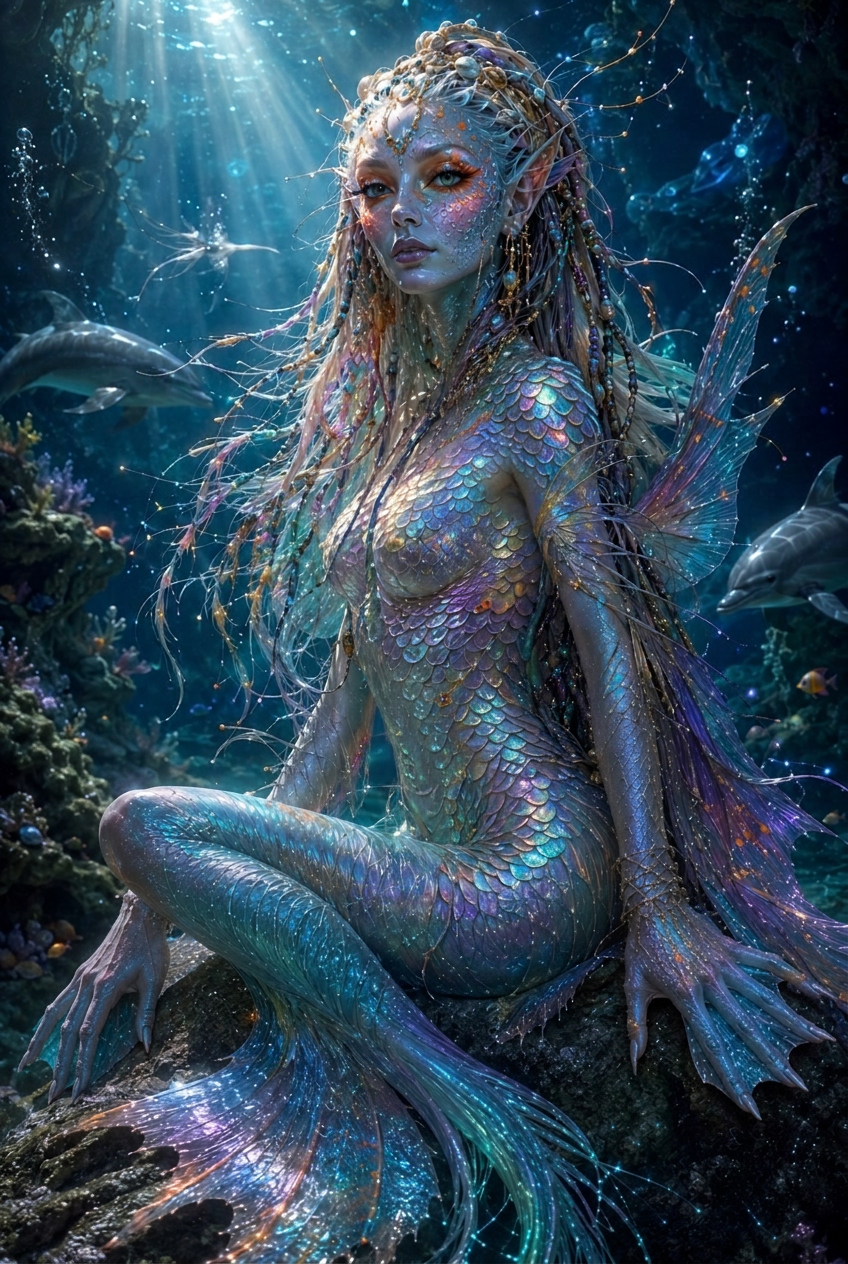 A scaled mermaid seated on a reef rock, waiting to be adorned