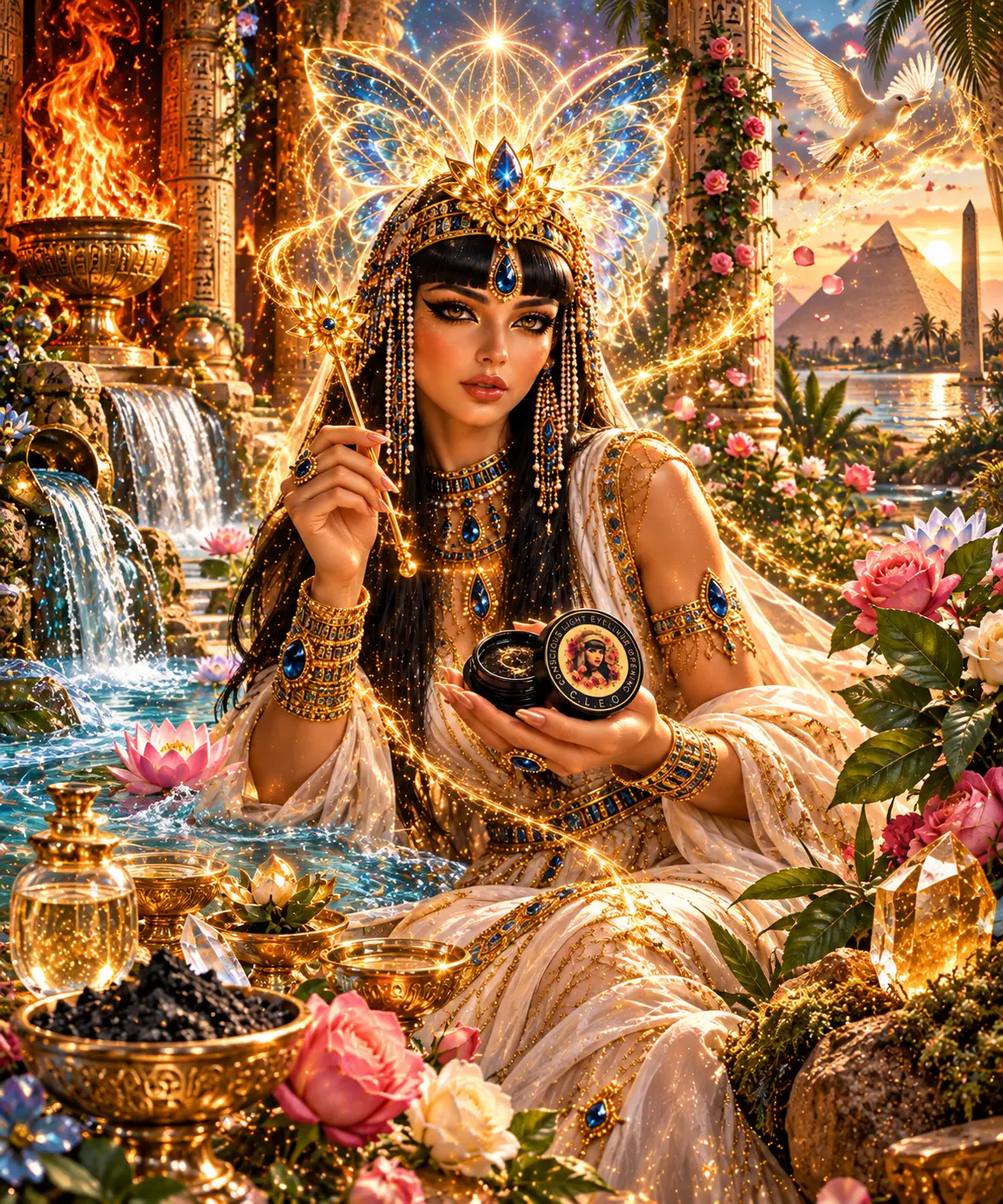 Cleopatra at the sacred pool with the kohl jar and wand, roses, lotus and a burning brazier around her