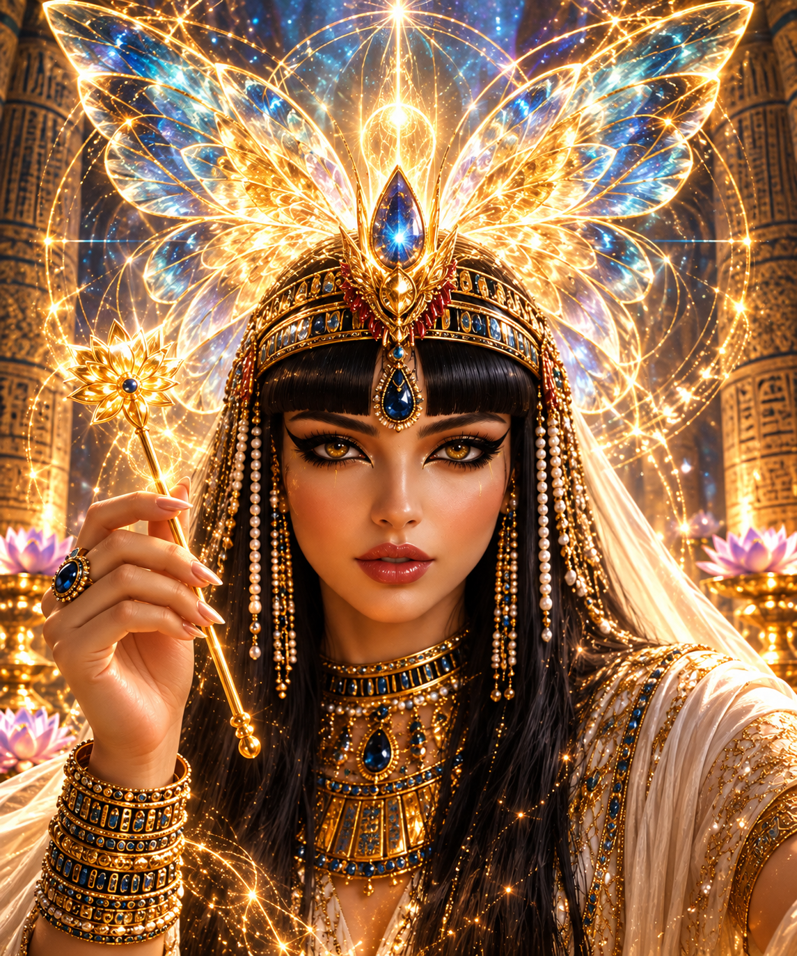 Cleopatra gazing out from the temple sanctuary, her flower-tipped wand raised and golden geometry glowing behind her