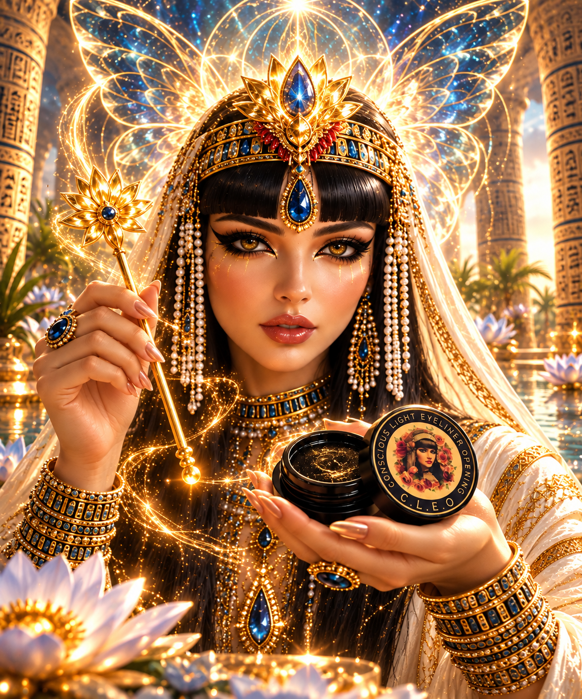 Cleopatra presenting the open C.L.E.O. kohl jar toward you, her gold lotus wand in the other hand