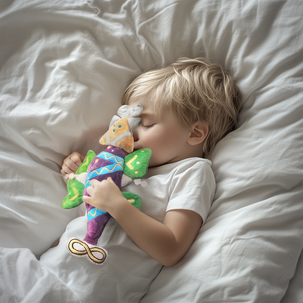 A child holding the Cosmic Cuddle Companion doll