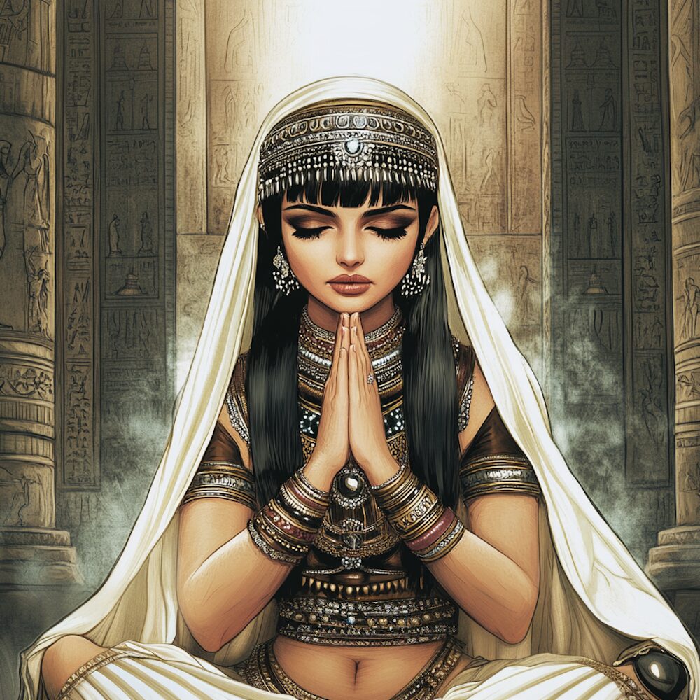 Cleopatra praying in a golden temple