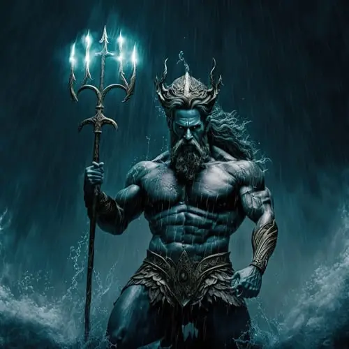 Lord Neptune, god of water, rising from the sea