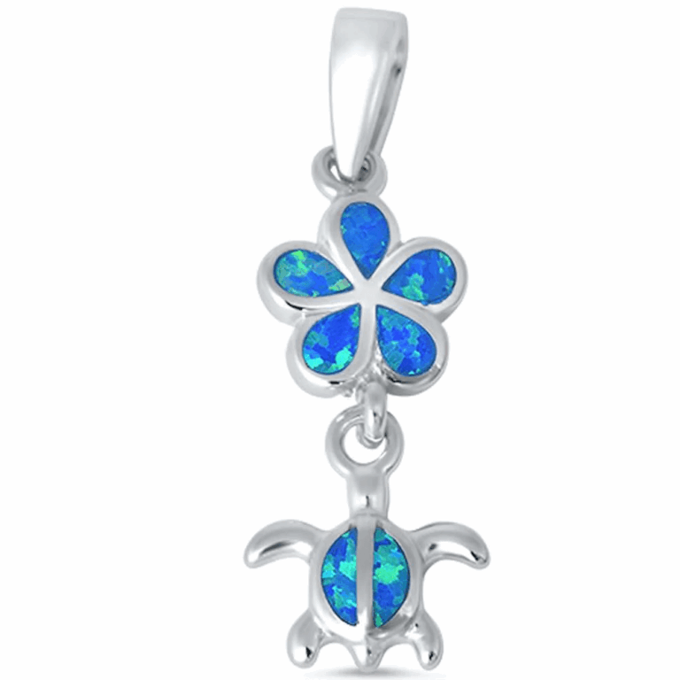 Blue Opal Plumeria And Turtle .925 Sterling Silver Pendant