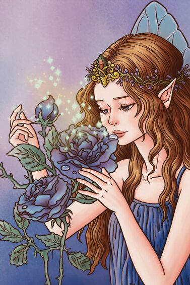 A faerie gathering the dew of the rose