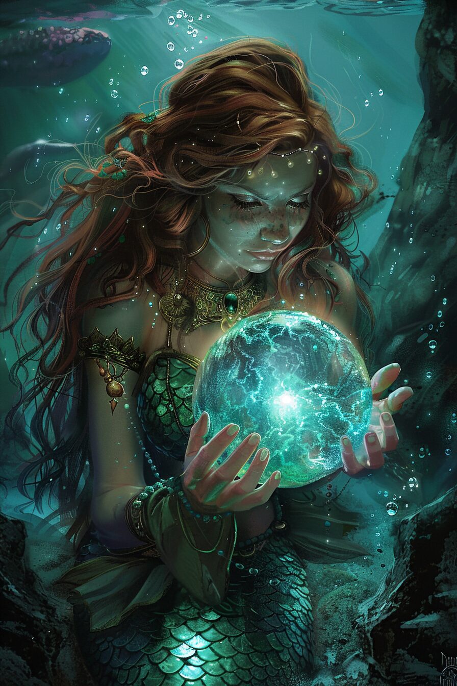 A mermaid holding up a glowing immortal pearl