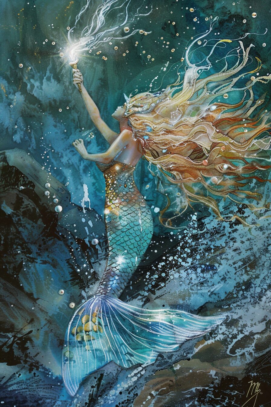 A mermaid holding up a silver wand above luminescent water