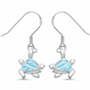 Natural Larimar Dangle Drop Turtle .925 Sterling Silver Earrings 34mm