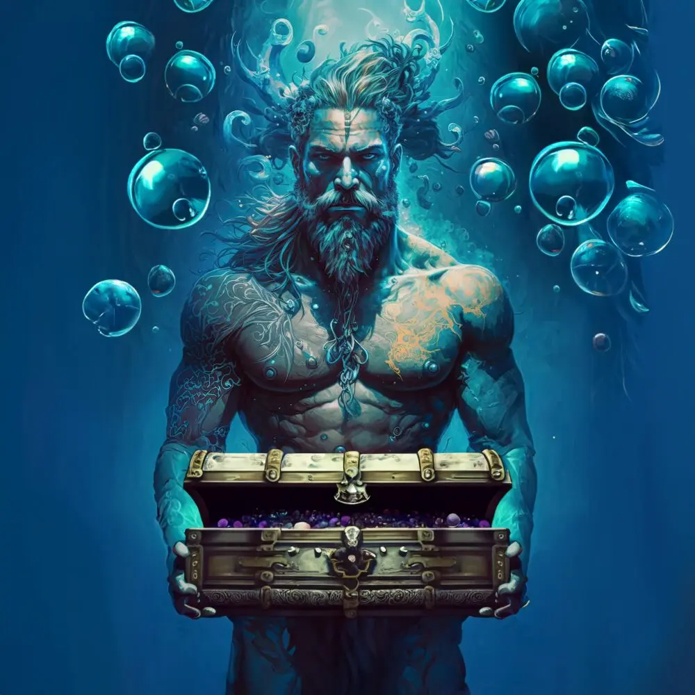 Neptune beside the silver treasure chest of sea gems