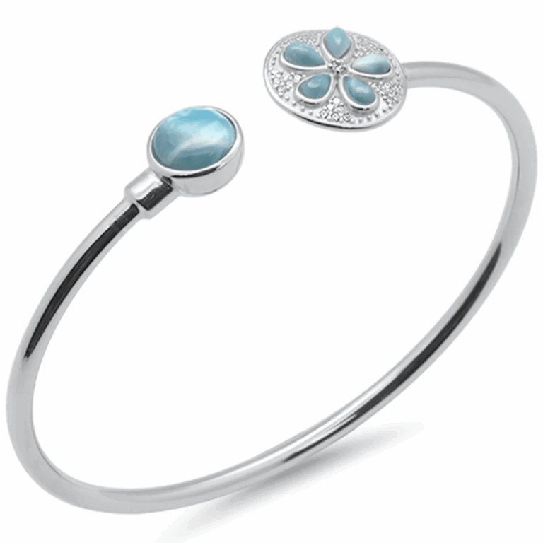 Round Shaped & Sand Dollar Plumeria Natural Larimar & CZ .925 Sterling Silver Cuff Bracelet