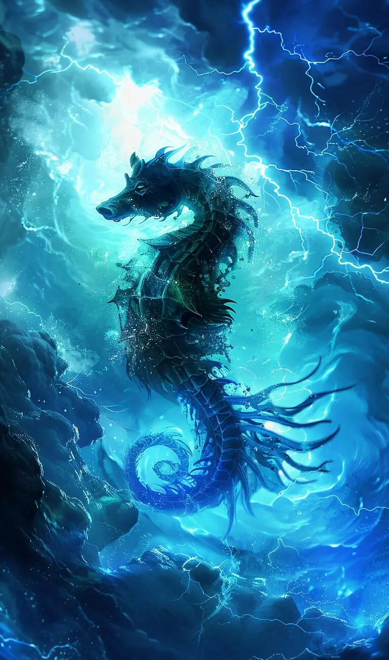 A luminous seahorse rising through cosmic water