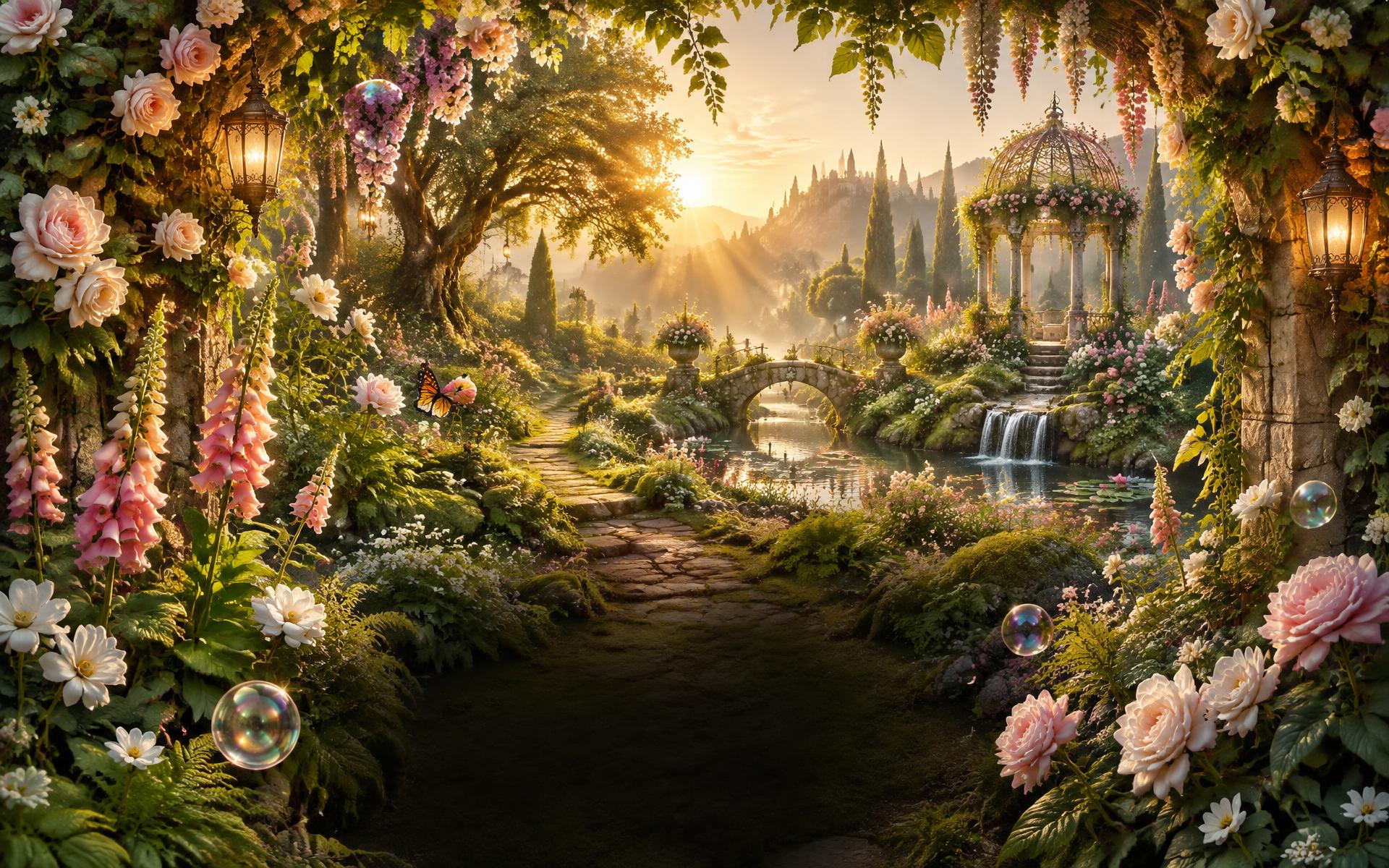 A luminous enchanted garden of roses, foxgloves, butterflies and golden sunlight