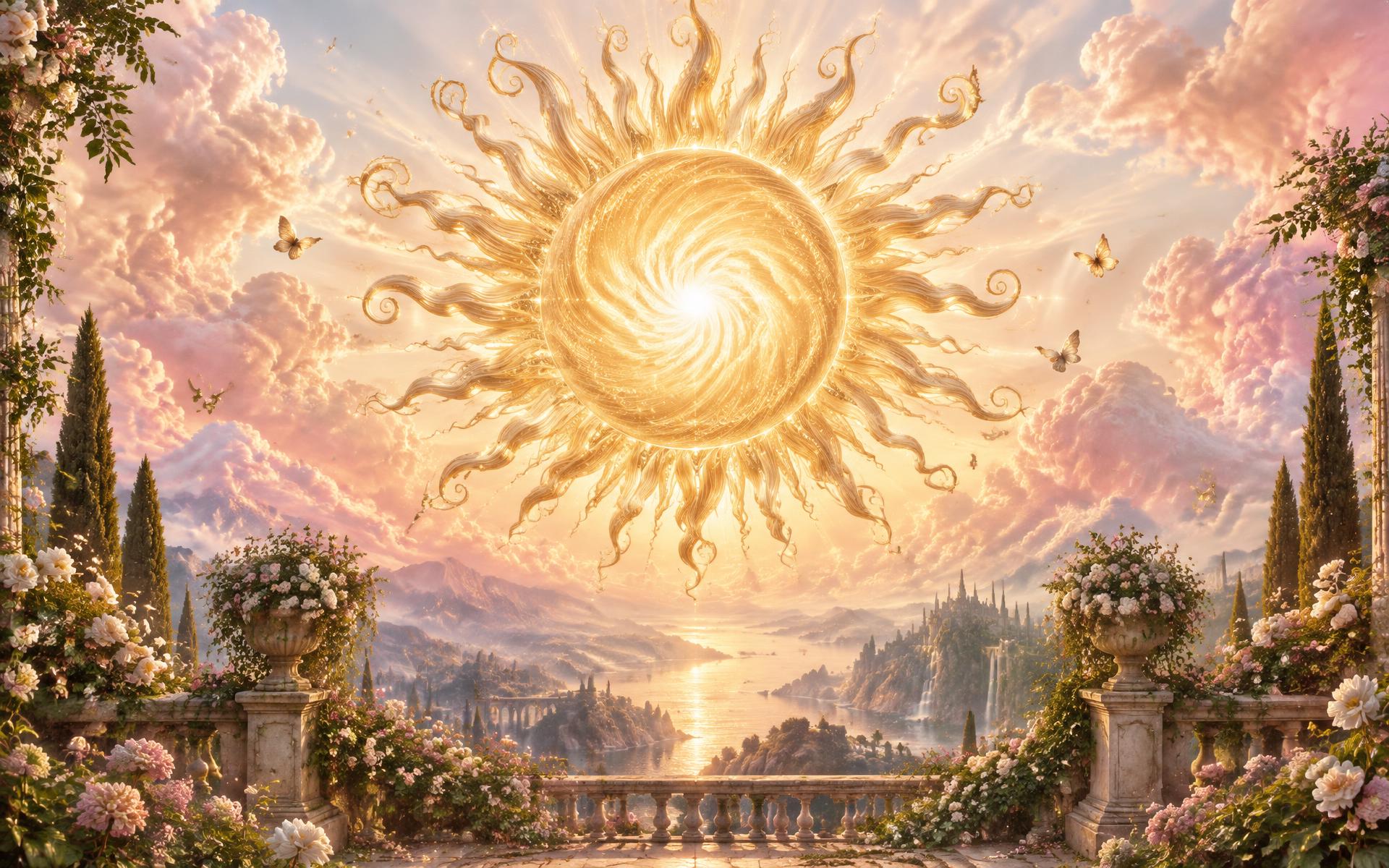 A radiant golden sun opening above an enchanted rose garden