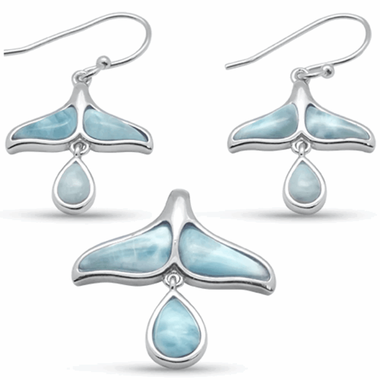 Whale Tail & Pear Shaped Natural Larimar .925 Sterling Silver Earring & Pendant Set